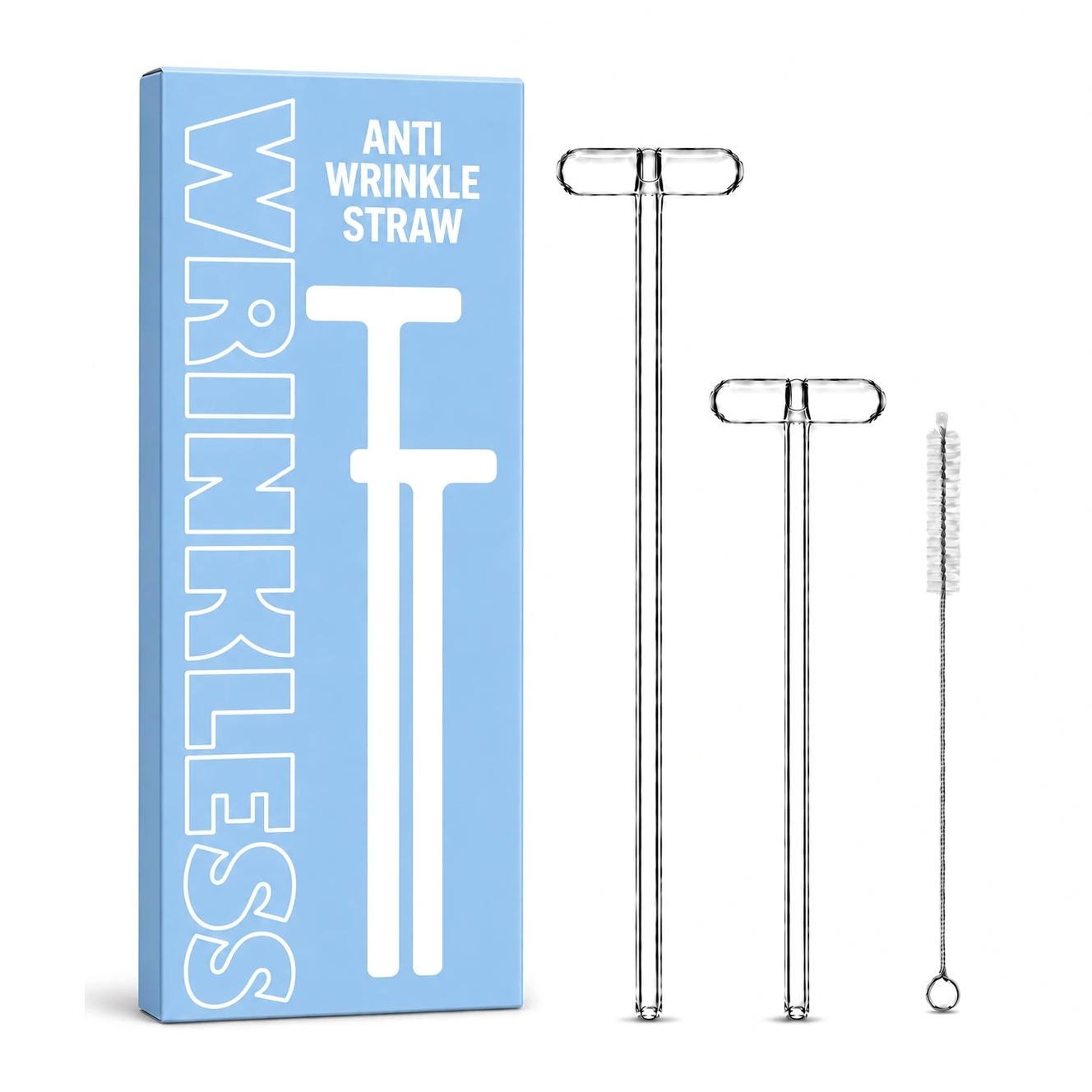 The Wrinkless box with a 40 oz and a 16 oz glass straw and a cleaning brush
